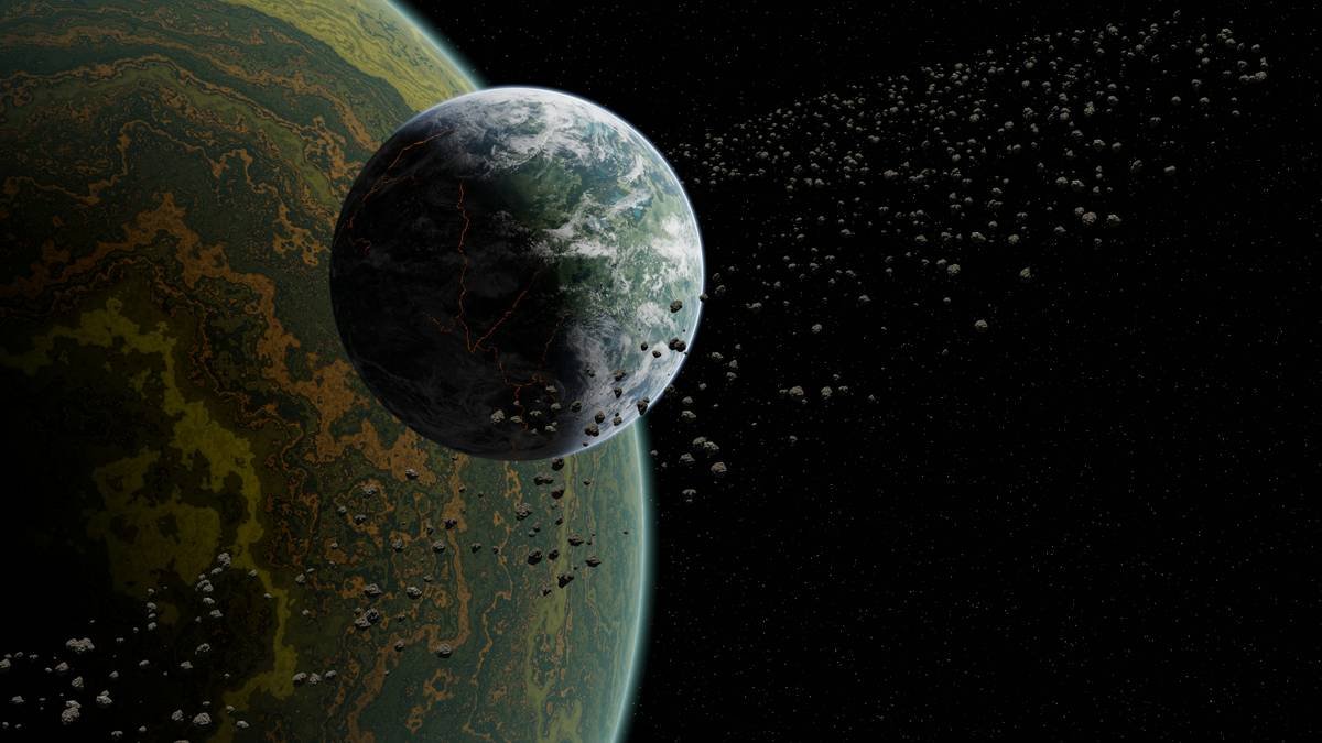 Exoplanet with gas giant in the background surrounded from an asteroid belt.