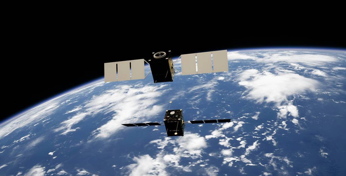 Two satellites docking in space powered by Obruta's RPOD Kit.